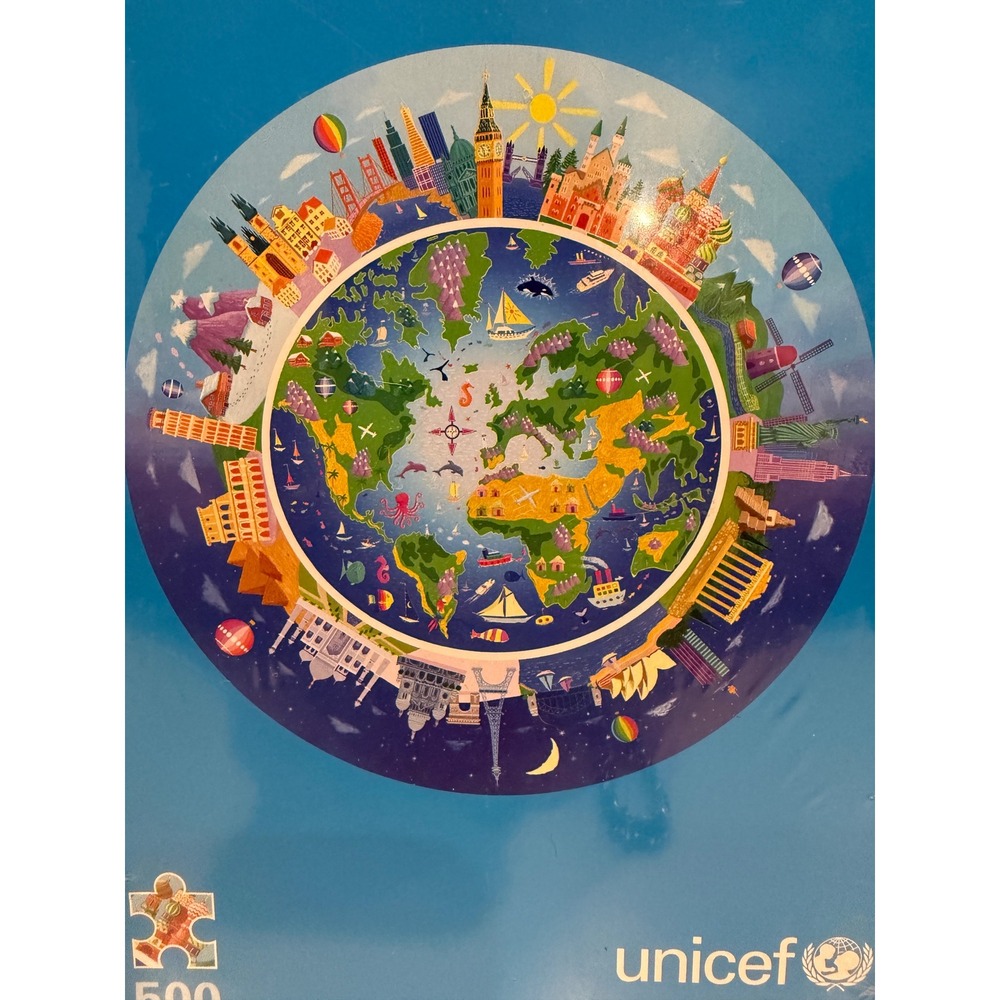 Unicef Round Jigsaw Puzzle 500 Piece World Map Landmarks Stephen Waterhouse NEW